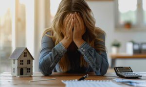 stressed businesswoman covering face desk with house model documents pen